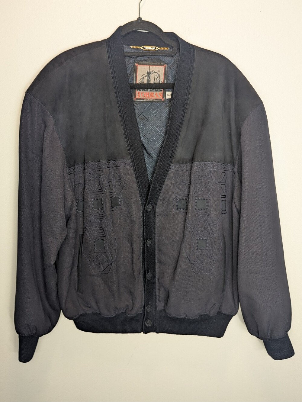 Vintage Torras Mens Black Embroidered Cardigan Size 54 Spain Cotton Leather